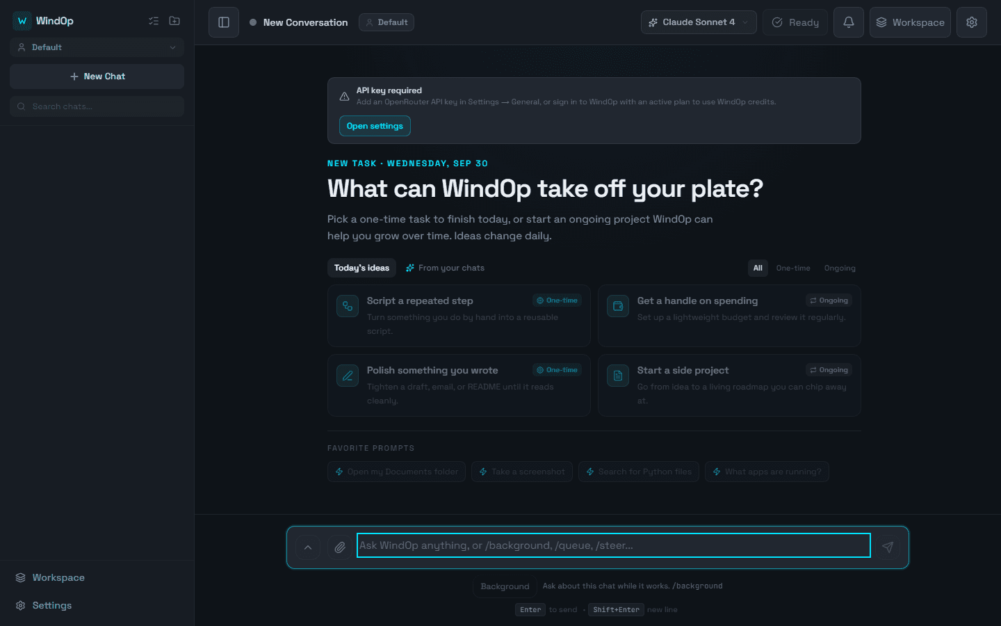 The WindOp main window on a fresh install: chat sidebar, header with model switcher, suggestion cards, favorite prompts, and the message box