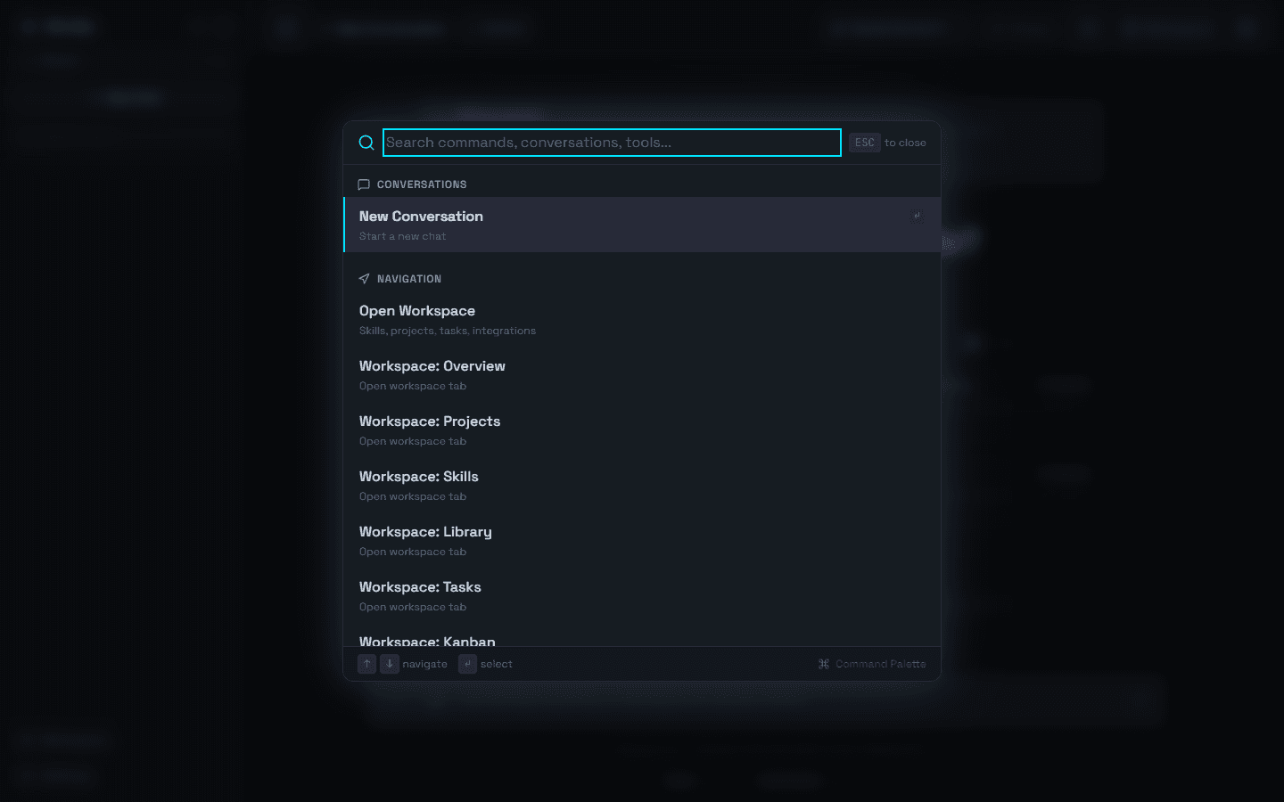 The Ctrl+K command palette listing conversations and navigation shortcuts