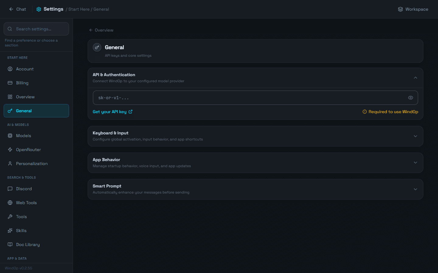 Settings General section with API and authentication, keyboard, and app behavior options