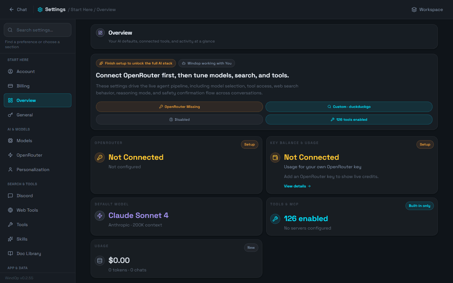 Settings Overview showing connection status, default model, tools, and usage