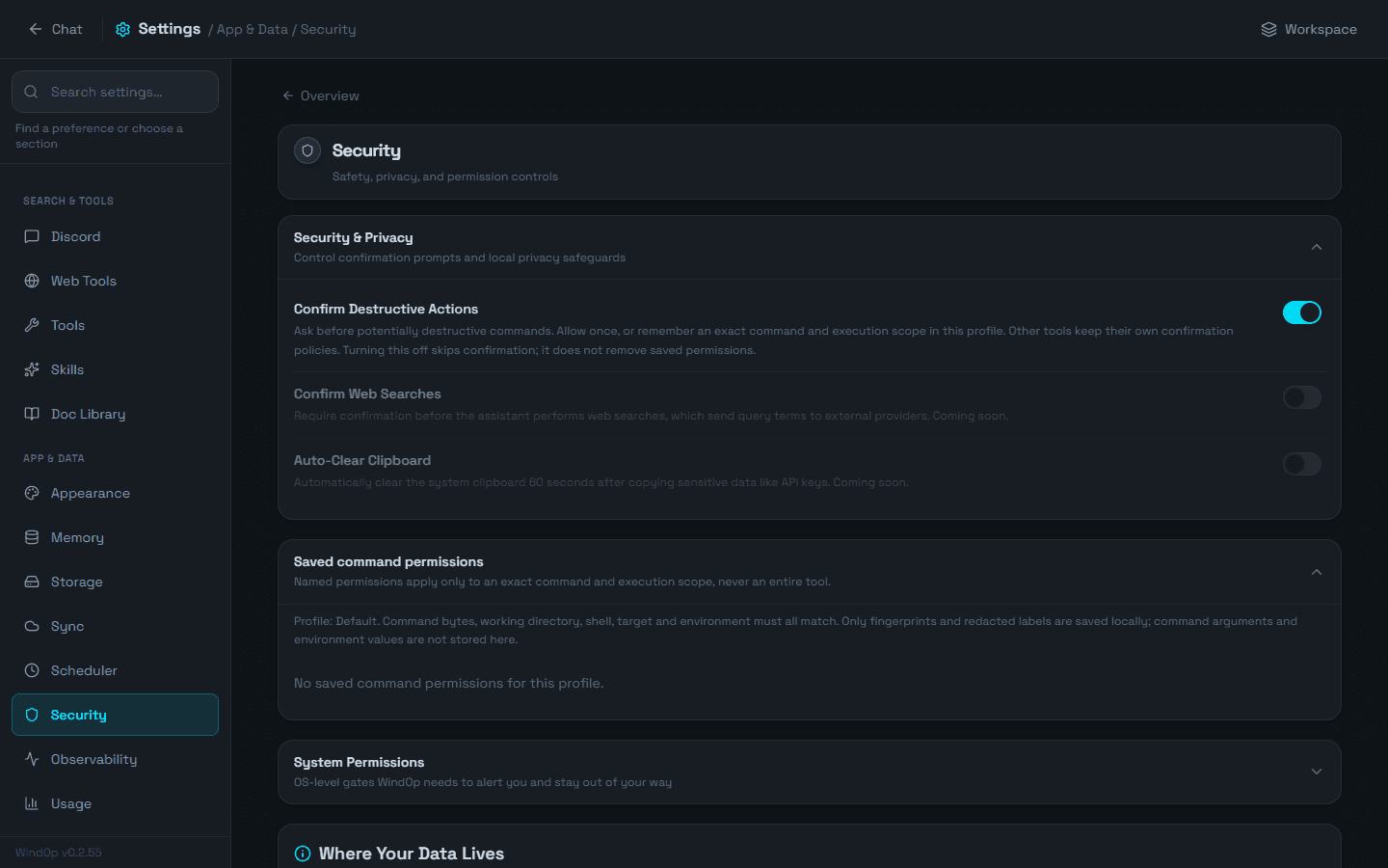 Settings Security section with confirmation toggles and saved permissions