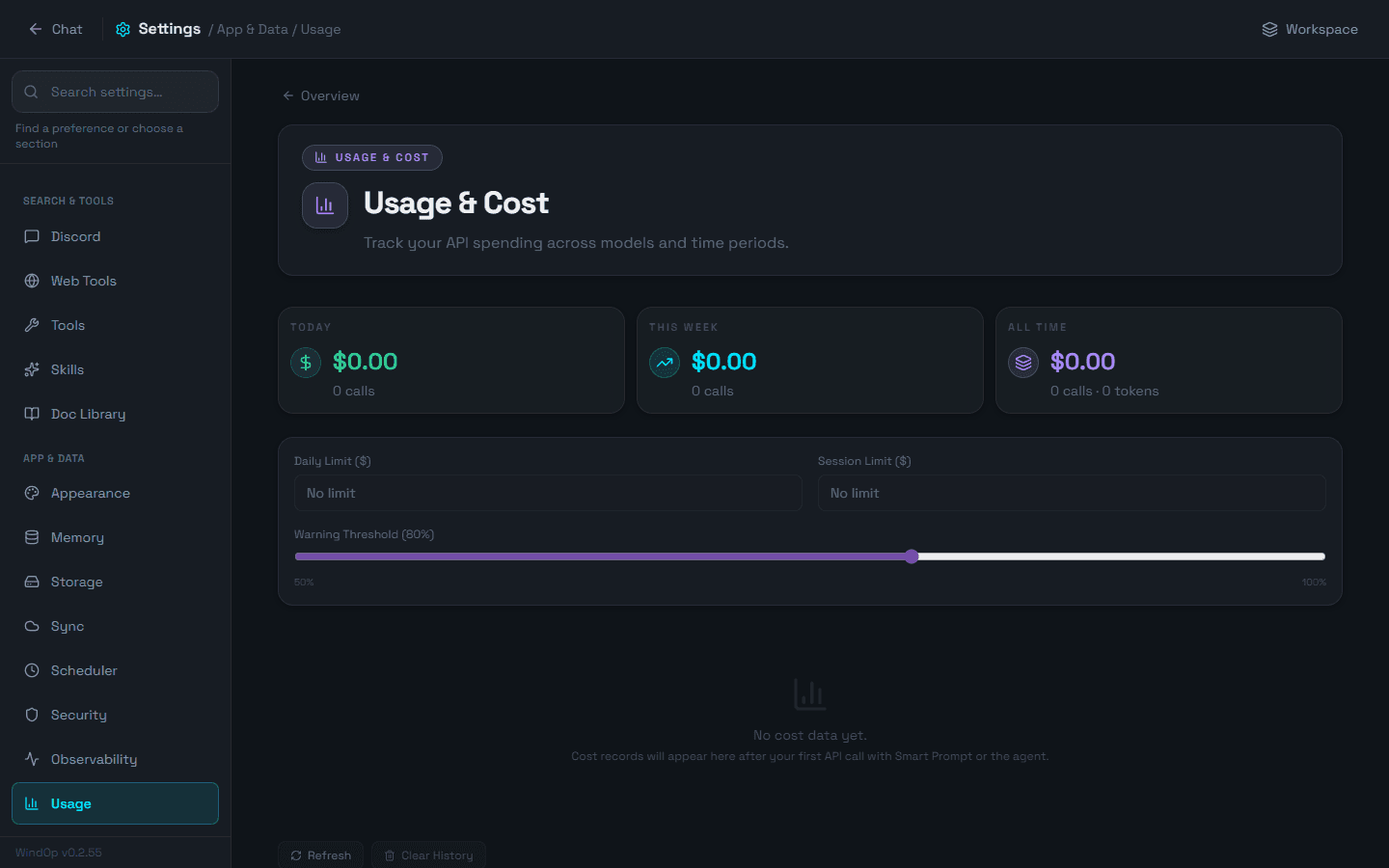 Settings Usage section with cost totals and spending limits