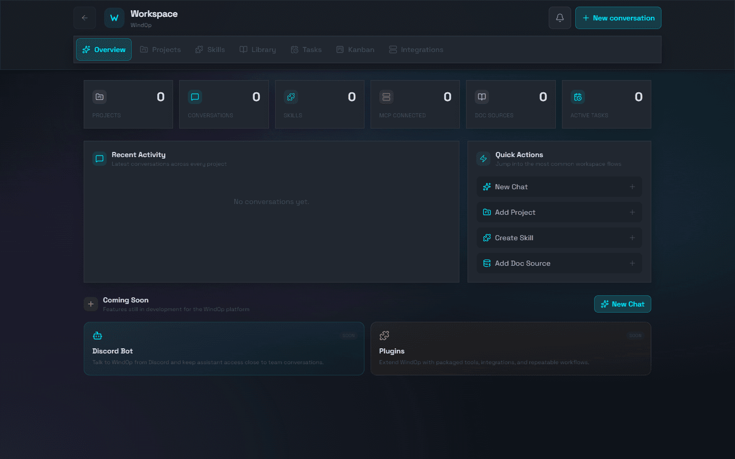 The Workspace Overview tab with project, conversation, skill, MCP, doc source, and task counts plus quick actions